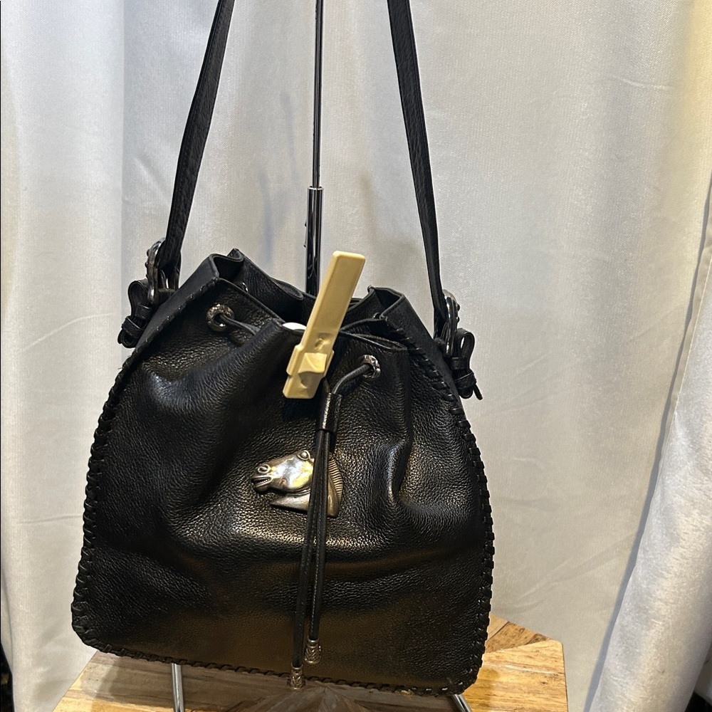 Classic Black Leather Drawstring Shoulder Bag